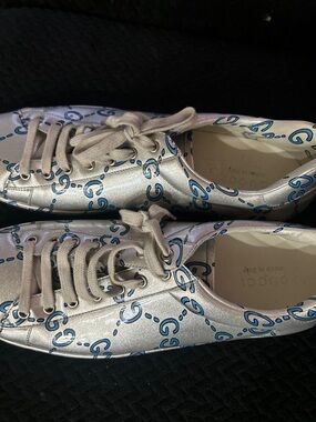 Gucci Silver Leather Sneakers with Blue GG Chain Motif
